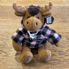 Stuffed 10" Curly Critter Moose With Pink Plaid Embroidered Moose Jaw Hoodie
