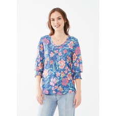 French Dressing - Printed V-Neck Top With Smocked Cuffs - Tropical Point