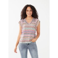 French Dressing - Flutter Sleeve Printed Top - Faux Crochet