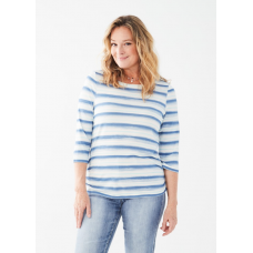 French Dressing - Printed Boat Neck 3/4 Sleeve Top - Amoy Stripe Blue