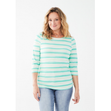 French Dressing - Printed Boat Neck 3/4 Sleeve Top - Amoy Stripe Green