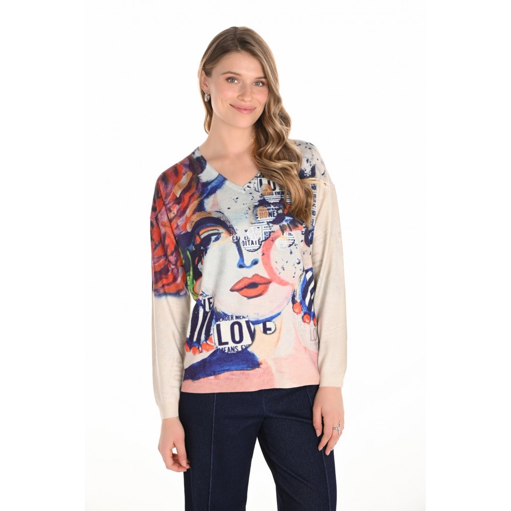Frank Lyman - Knit Top #253816 - Beige/Blue