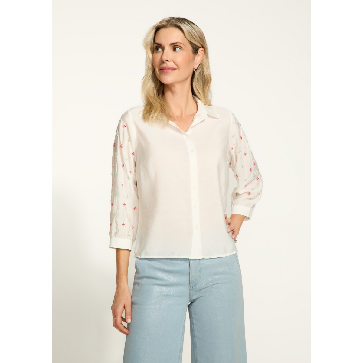 French Dressing - Embellished Sleeve Shirt - White (SS25) French Dressing - Embellished Sleeve Shirt - White (SS25)