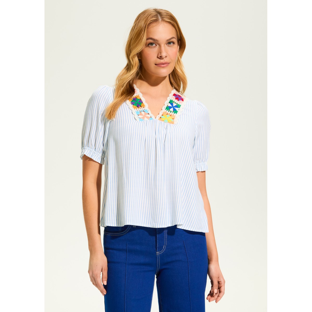French Dressing - V-Neck Crochet Trim Blouse - Blue Stripe (SS25) French Dressing - V-Neck Crochet Trim Blouse - Blue Stripe (SS25)