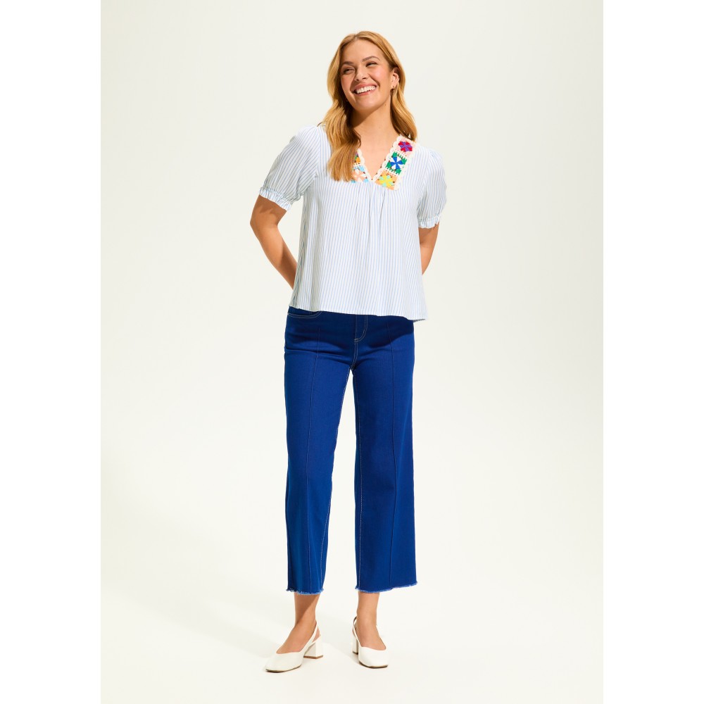 French Dressing - V-Neck Crochet Trim Blouse - Blue Stripe (SS25) French Dressing - V-Neck Crochet Trim Blouse - Blue Stripe (SS25)