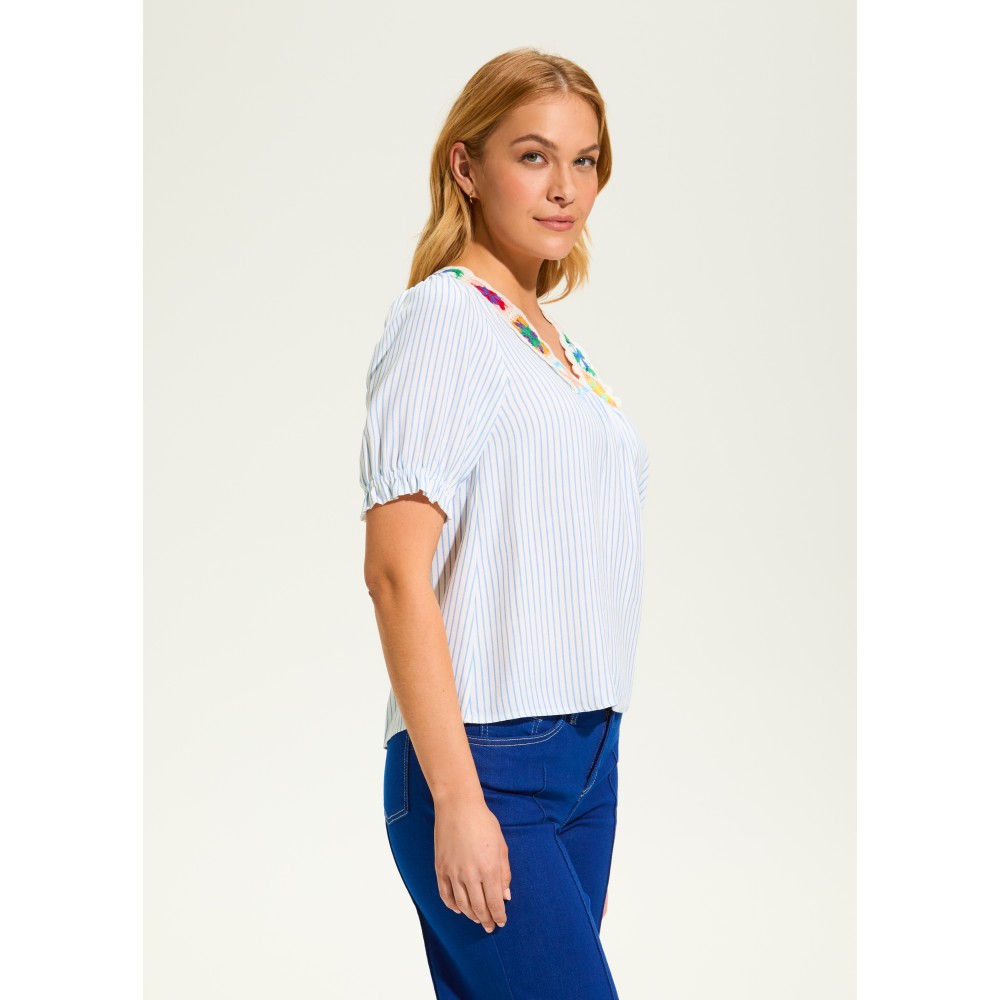 French Dressing - V-Neck Crochet Trim Blouse - Blue Stripe (SS25) French Dressing - V-Neck Crochet Trim Blouse - Blue Stripe (SS25)