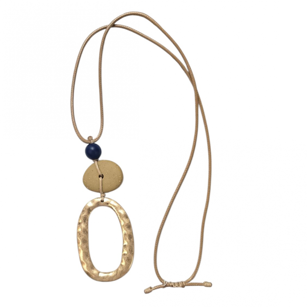 Merx Studio Long Pendant Necklace - Gold/Navy Blue Wood/Beige Resin & Beige Waxed Cord #06-42385-1 Merx Studio Long Pendant Necklace - Gold/Navy Blue Wood/Beige Resin & Beige Waxed Cord #06-42385-1