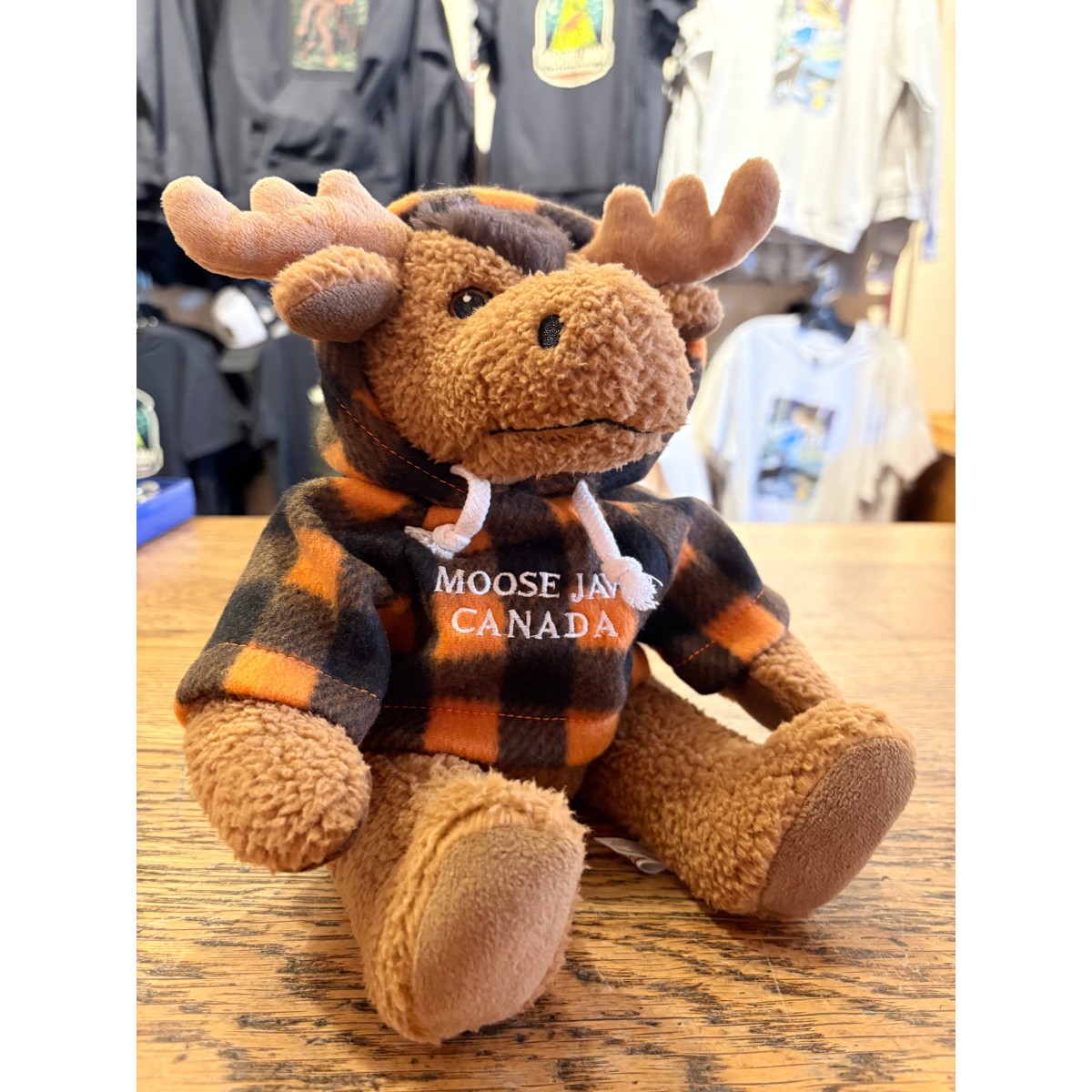 Stuffed 10" Curly Critter Moose With Orange Plaid Embroidered Moose Jaw Hoodie