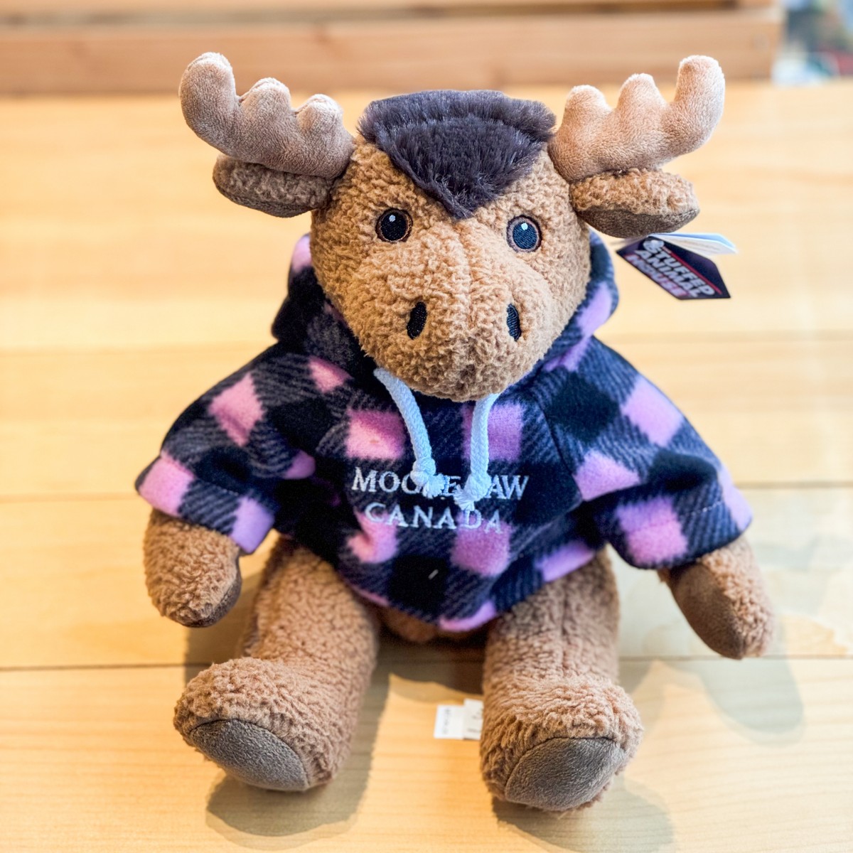Stuffed 10" Curly Critter Moose With Pink Plaid Embroidered Moose Jaw Hoodie