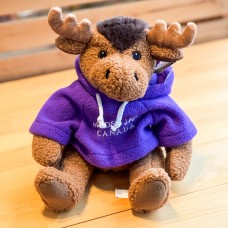 Stuffed 10" Curly Critter Moose With Purple Embroidered Moose Jaw Hoodie Stuffed 10" Curly Critter Moose With Purple Embroidered Moose Jaw Hoodie