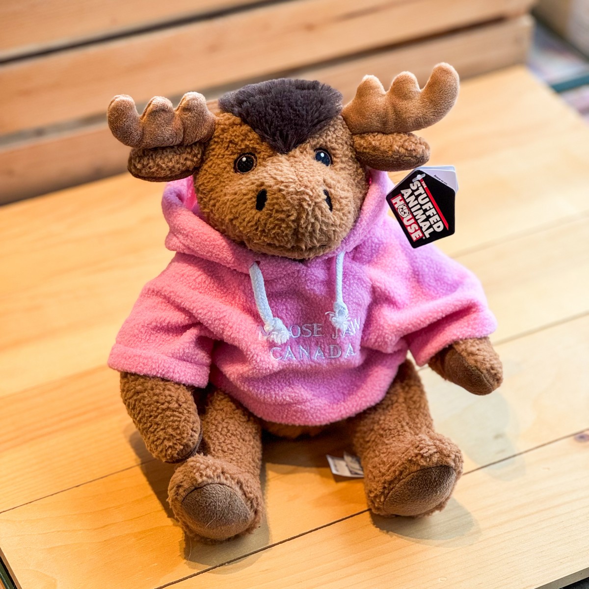 Stuffed 10" Curly Critter Moose With Pink Embroidered Moose Jaw Hoodie