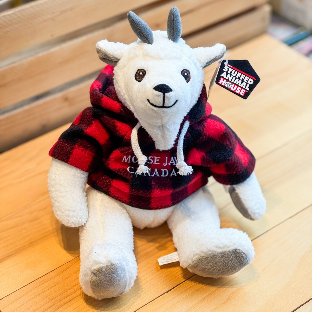 Stuffed 10" Curly Critter Mountain Goat With Red Plaid Moose Jaw Hoodie