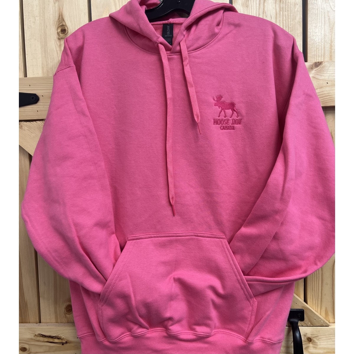 Moose Jaw Walking Moose Embroidered Hooded Sweatshirt- Pink Lemonade
